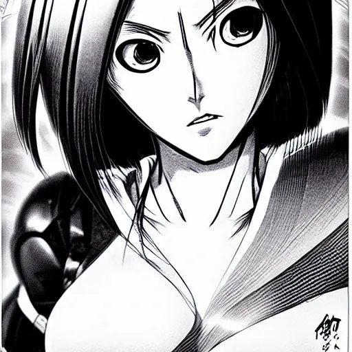 Image similar to alita by yukito kishiro. medium shot. black and white manga. pencil drawing. high detailed face