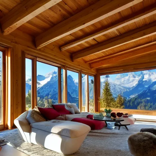 Image similar to a beautiful swiss home the mountains set the view inside of a living room the olivia room have a lot of windows the windows have a view of the beautiful mountains of switzerland it a sunny day professional photograph