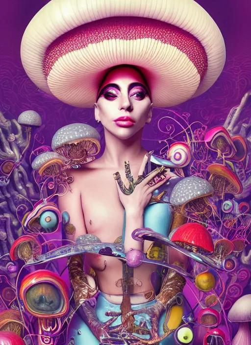 Image similar to lady gaga with futuristic mushroom : : by martine johanna and simon stalenhag and chie yoshii and casey weldon and wlop : : ornate, dynamic, particulate, rich colors, intricate, elegant, highly detailed, vogue, harper's bazaar art, fashion magazine, smooth, sharp focus, 8 k, octane render,