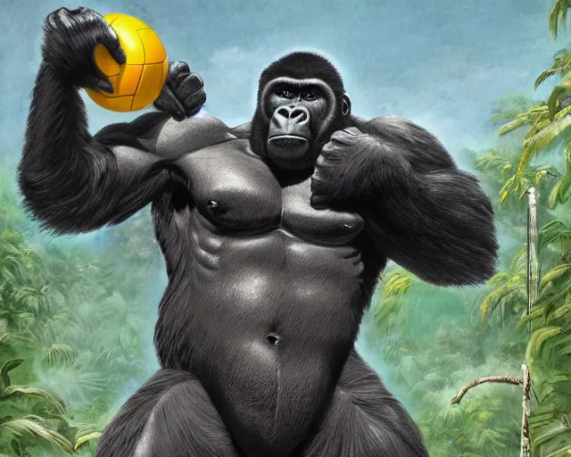 Prompt: a gorilla holding a volleyball and playing volleyball in a jungle, volleyball net, in the style of greg rutkowski, high detail