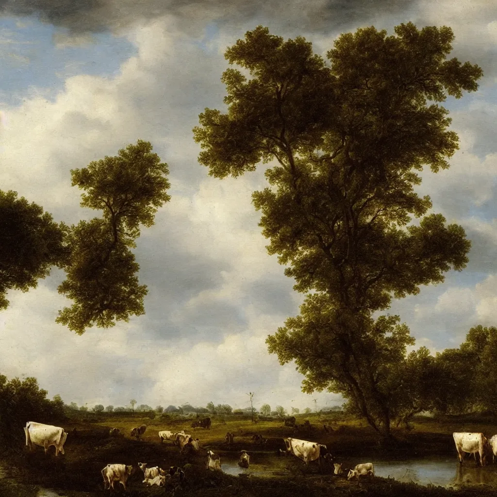 Prompt: Cows by a river by Jacob Van Ruisdael