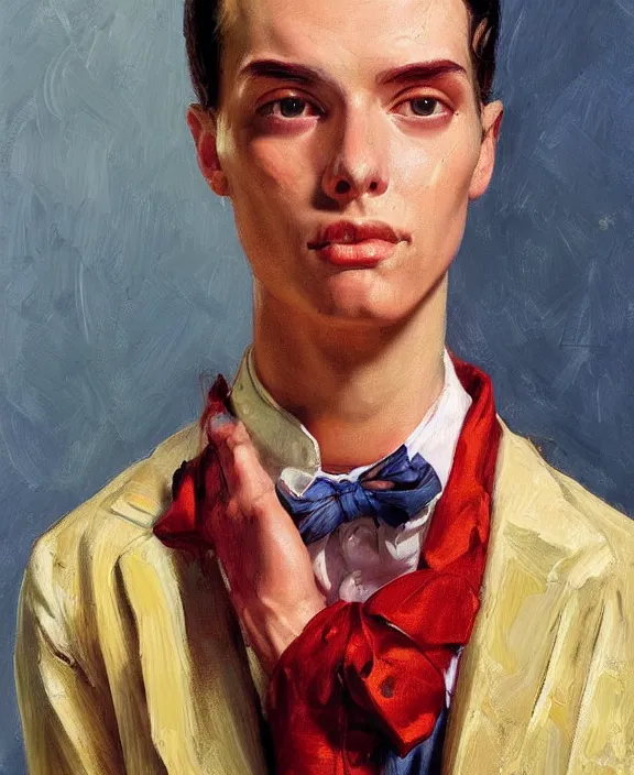Prompt: very detailed masterpiece androgynous man portrait painting of Stable Diffusion!!, 4k resolution, J.C. leyendecker!! Valentina Remenar!! Digital art, paint tool sai!! Blue, red, yellow, melting colors!! Perfect face!! Correct body proportions!!