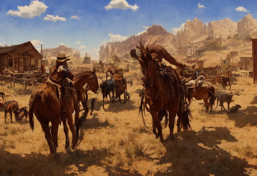 Image similar to greg manchess painting of a wild west abandoned town landscape with no person nor horse in the painting only buildings in the year 1 8 5 0, nobody living there, painting, trending on artstation, by huang guangjian and gil elvgren and sachin teng