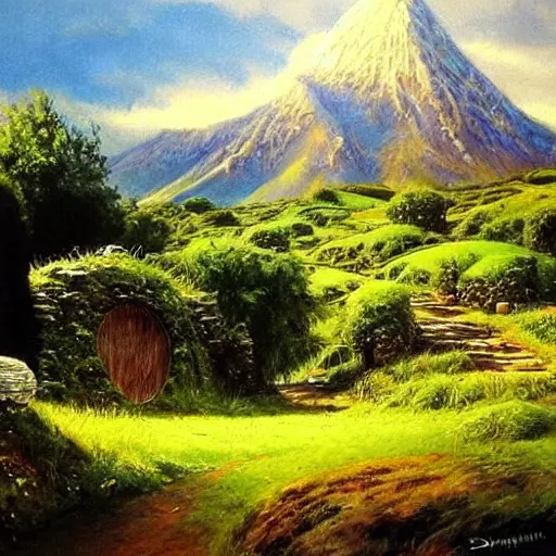 Image similar to the shire from the lord of the rings, by david mann, painting, beautiful