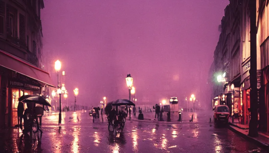 Prompt: street of paris photography, night, rain, mist, a pink umbrella on the street, cinestill 8 0 0 t, in the style of william eggleston
