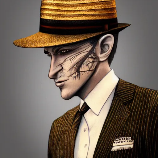 Image similar to a upper body portrait of a deer in a pinstriped suit and pants wearing a fedora with the antlers sticking out of the fedora by artgerm and wlop, intricate detail, digital art, photorealistic, trending on artstation