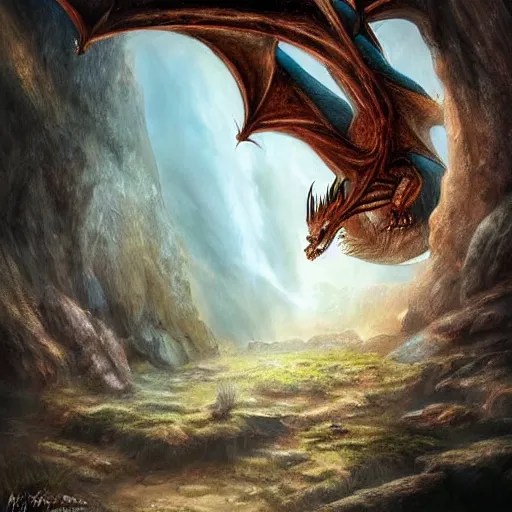 Image similar to a fierce dragon guarding a cave, mountain, fantasy art, realistic, highly detailed, dramatic lighting