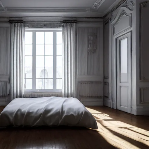 Prompt: empty room with an open door, classic style, natural light coming from the window, atmospheric lighting, octane render 8 k, detailed, beautiful composition, ultra high details, cinematic composition