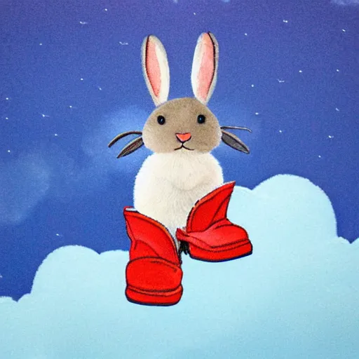 Image similar to bunny wearing boots flying in the clouds