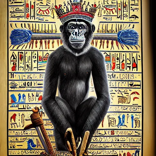 Prompt: A body art that features a chimpanzee surrounded by a castle turret. The chimp is shown wearing a crown and holding a scepter, and the castle is adorned with banners. ancient egyptian papyrus, Sumerian by Jesper Ejsing, by Warren Ellis, by John Harris ghostly