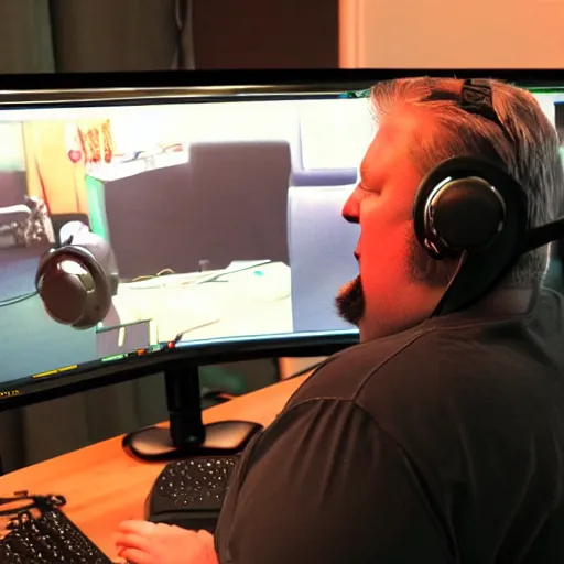 Prompt: obese Allan Moore wearing a headset yelling at his monitor while playing WoW highly detailed wide angle lens 10:9 aspect ration award winning photography by David Lynch esoteric erasure head