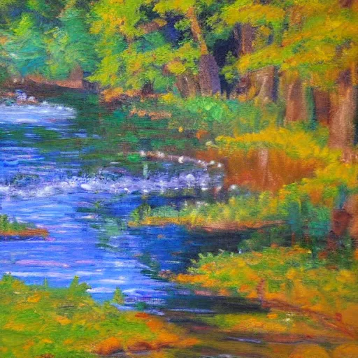 Image similar to a beautifully detailed impressionist painting of a winding river, oils on canvas