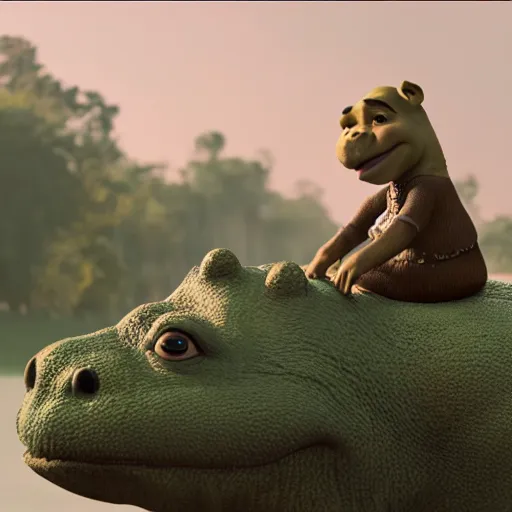 Image similar to Kanye West riding an aligator, next to (Shrek), splash art, movie still, cinematic lighting, dramatic, octane render, long lens, shallow depth of field, bokeh, anamorphic lens flare, 8k, hyper detailed, 35mm film grain