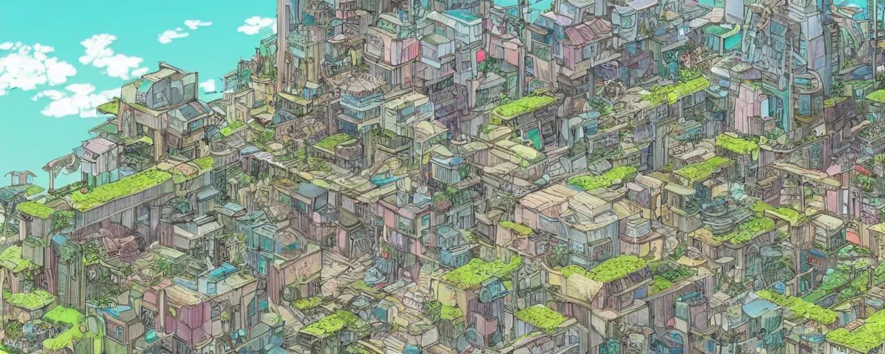 Image similar to a solarpunk city in the style of studio ghibli