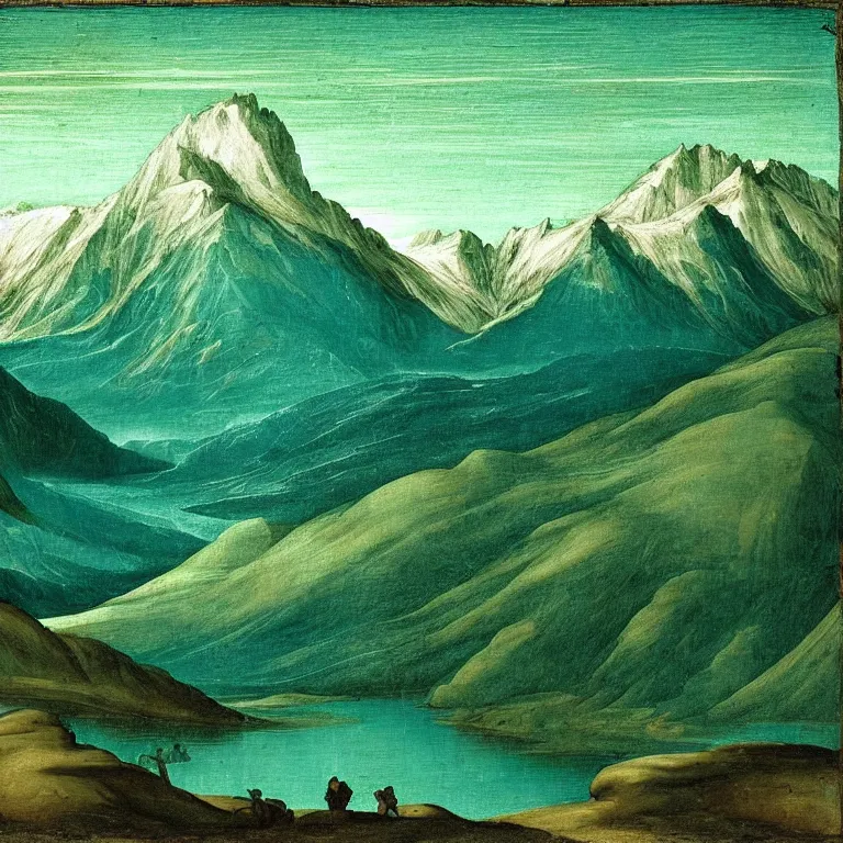 Image similar to caucasus mountains at night, renaissance painting, teal palette