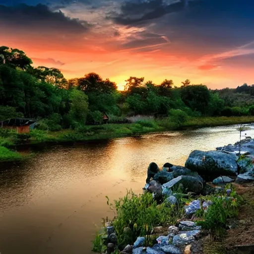 Prompt: beutiful river scenery, alongside small house,with beutiful sunset