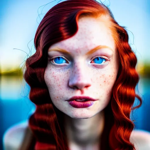 Prompt: close up portrait photograph of a thin young redhead woman with russian descent, sunbathed skin, with deep blue eyes. Wavy long maroon colored hair. she looks directly at the camera. Slightly open mouth, with a park visible in the background. 55mm nikon. Intricate. Very detailed 8k texture. Sharp. Cinematic post-processing. Award winning portrait photography. Sharp eyes.