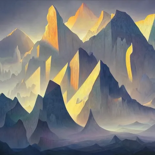 Image similar to a hyperrealistic illustration of Cubism Mountain Range, Cubism Mountain Range with fractal sunlight, award-winning, masterpiece, in the style of Tom Bagshaw, Cedric Peyravernay, Peter Mohrbacher