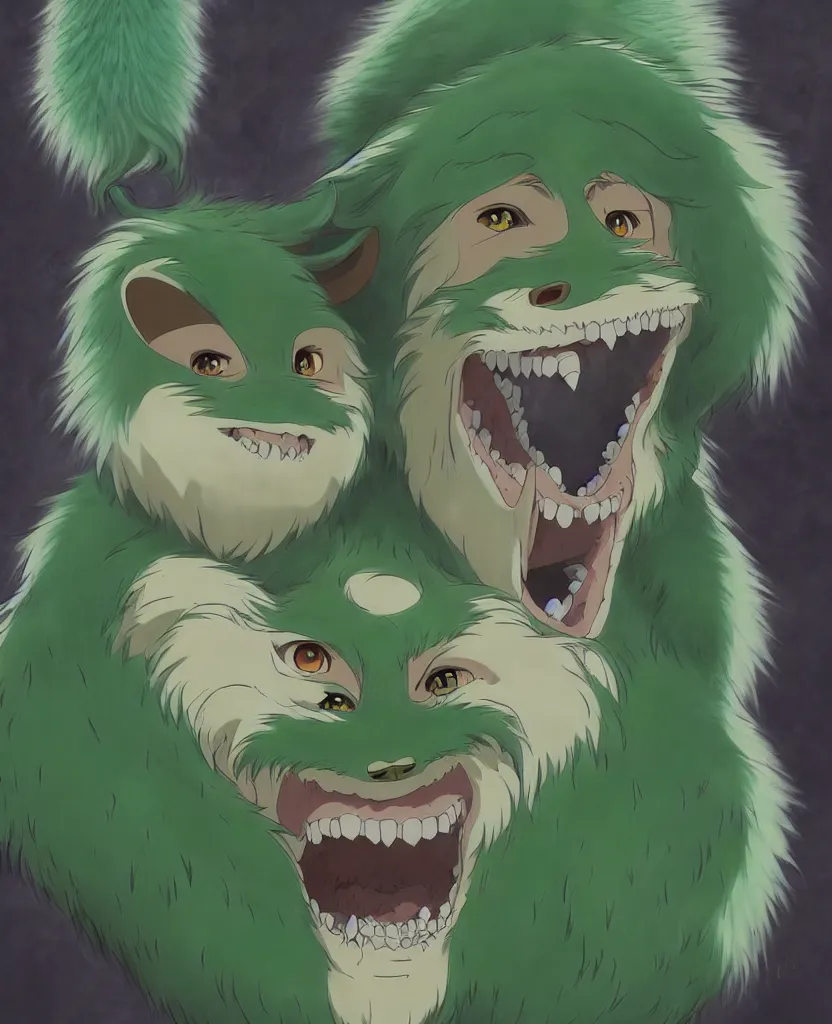 Image similar to beautiful painting from the anime film by studio ghibli, green anthropomorphic wherewolf human hybrid, drooling teeth bared, fur, trending on artstation