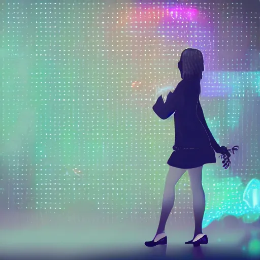 Image similar to digital illustration of a beautiful wet girl wearing a short skirt in the rain interacting with a holographic interface on a wall in a future cyber punk style city trending on art station