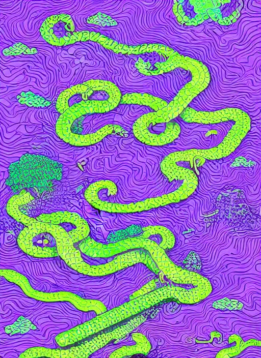 Prompt: isometric snake oil cityscapes islands, green and purple big waterfall, in the ornate snakelike swirled clouds, by krynski and Jeehyun lee