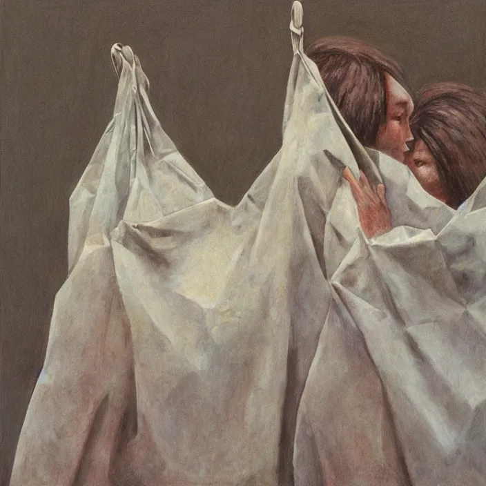 Prompt: two women hugging with a paper bag over the head, dressed in plastic bags, highly detailed, artstation, art by (((zdislav beksinski))), wayne barlowe, edward hopper