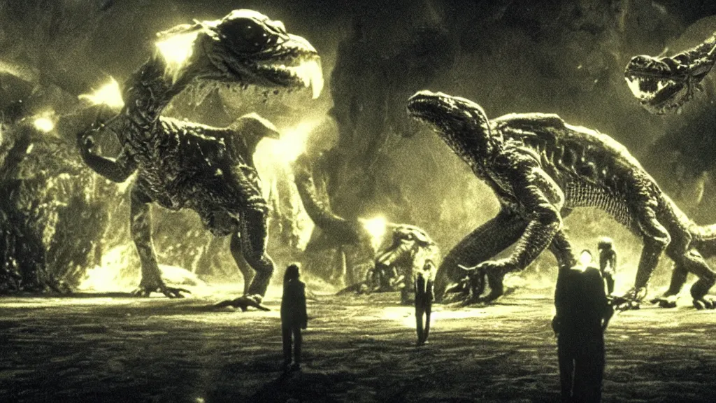 Prompt: movie scene of a group of draconian humanoids arriving to earth, reptil, reptilian, movie still, cinematic composition, cinematic light, criterion collection, reimagined by industrial light and magic, Movie by David Lynch and Ridley Scott