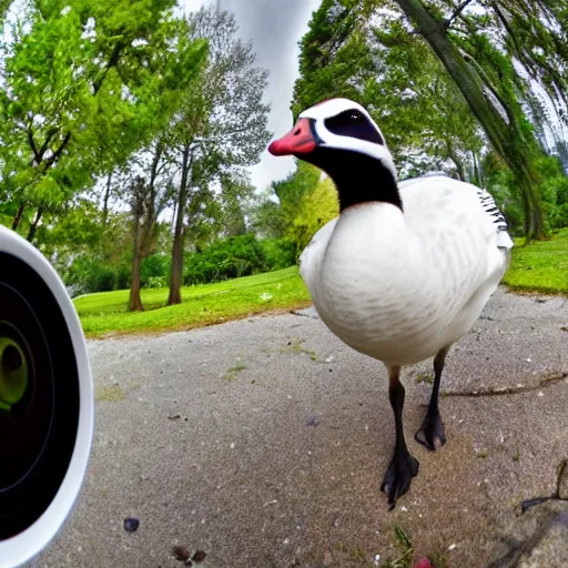 Prompt: goose with its beak right into the camera outdoors, fish eye lens photo, ultra wide angle