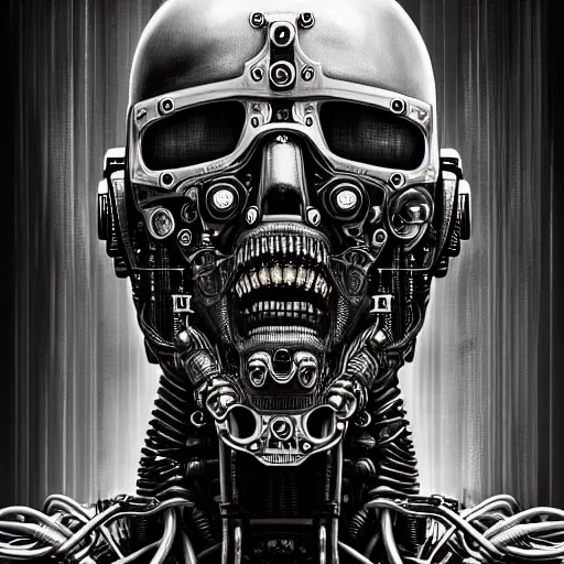 Prompt: ultra realist intricate detailed painting of a single rugged cyborg male, bearded face and cyborg tech on body, symmetry accurate features, cyberpunk, industrial, apocalyptic, very intricate details, focus, high resolution, 4 k, artstyle h. r. giger and hiraku tanaka, award winning