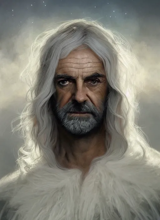 Prompt: Portrait of Sean Connery, white glowing eyes, silver shaggy hair, cloak, ethereal wings, male, fantasy, extremely detailed, digital painting, artstation, concept art, smooth, sharp focus, illustration, stunning lighting, art by artgerm and greg rutkowski and alphonse mucha and simon stalenhag, realistic character concept, high fantasy, light atmosphere, golden ratio, cinematic lighting, hyperdetailed, high resolution, insanely detailed and intricate, artstation, Marc Simonetti, Greg Rutkowski, 8k