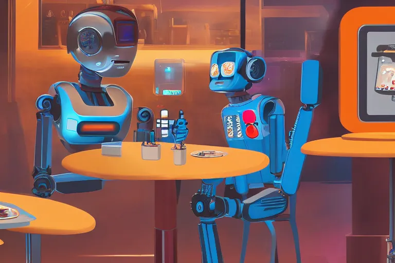 Image similar to two robot ordering food in a restaurant, cyberpunk city, 4k, detailed, digital art