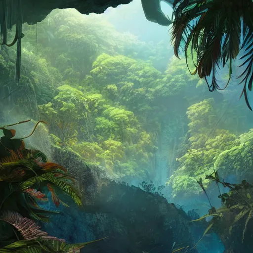 Image similar to Canyon in the jungle with corals and dinosaur dkeletons, 8k, detailed, concept art, trending on artstation