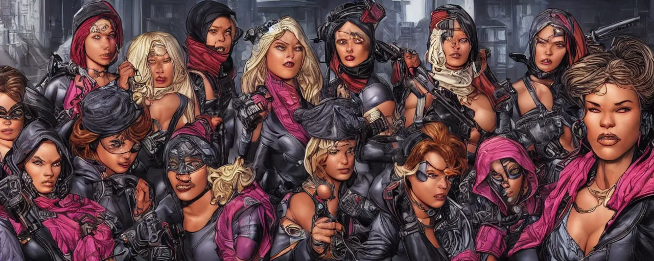 Prompt: an eclectic group of female thieves, bold and colourful, symmetrical facial features, 8 k intricate detail, detailed faces, beautiful, arnold rendering, art by pepe larraz,