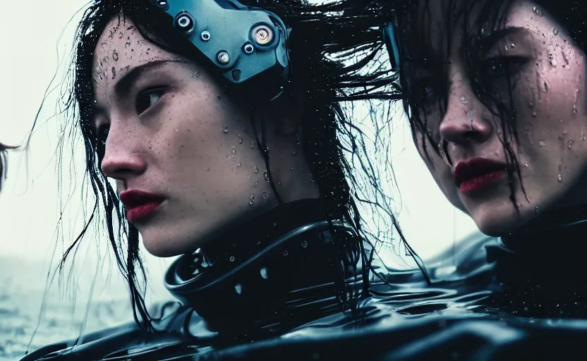 Image similar to cinestill 5 0 d candid action photographic portrait by quentin tarantino of two loving female androids wearing rugged black mesh techwear in treacherous waters, extreme closeup, modern cyberpunk retrofuturism moody emotional cinematic, pouring iridescent rain, 8 k, hd, high resolution, 3 5 mm, f / 3 2, motion blur, ultra realistic faces, ex machina