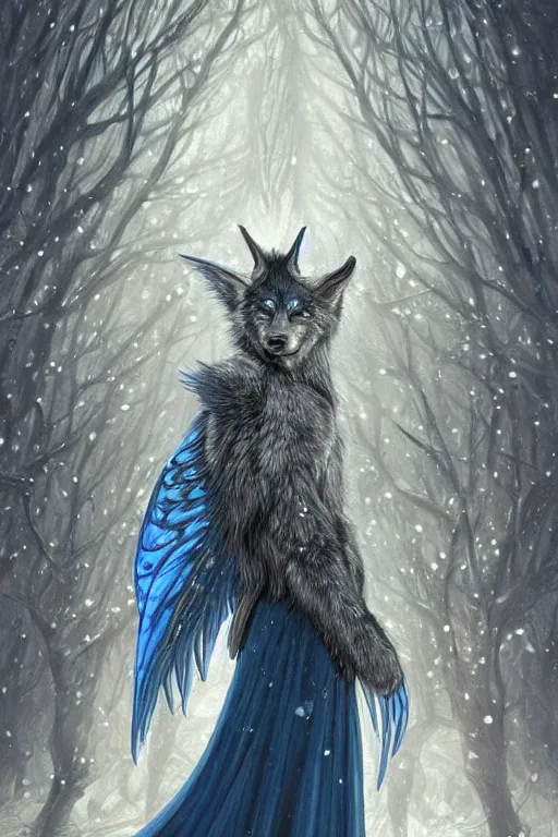 Image similar to blue wolf with wings, facing front, regal, elegant, winter, snow, beautiful, stunning, hd, illustration, epic, d & d, fantasy, intricate, elegant, highly detailed, digital painting, artstation, concept art, smooth, sharp focus, illustration, wallpaper, art by artgerm and greg rutkowski and alphonse mucha and jin xiaodi