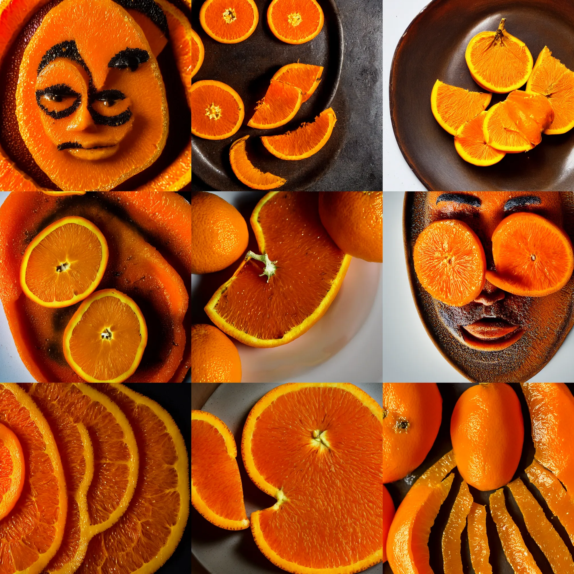 Prompt: orange peels that looks like jordan peele, jordan peele's face, orange peels on a plate, macro shot, high detail photo