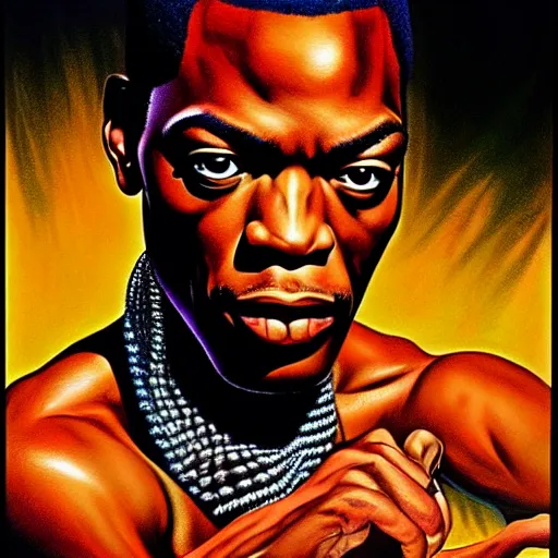 Image similar to fela kuti by clyde caldwell, very detailed, low contrast, dark background, 4 k