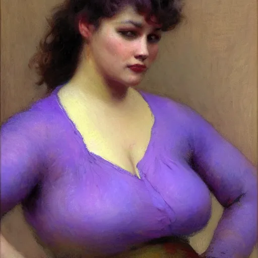 Image similar to a woman in a purple shirt with a chubby body type, painting by Gaston Bussiere, Craig Mullins