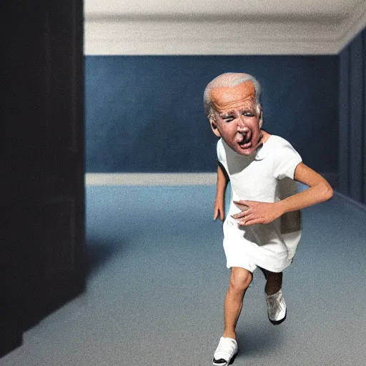 Image similar to joe biden chasing a child in the backrooms, hyper - realistic, 4 k, octane - render, realistic.