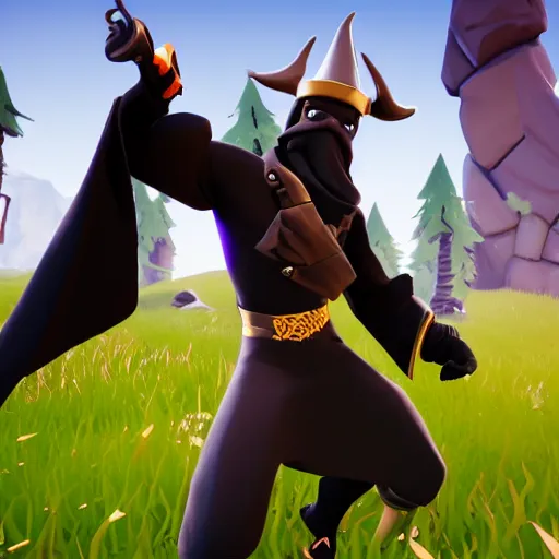 Image similar to an anthropomorphic black goat wizard in fortnite, black wizard robes, holding a gun