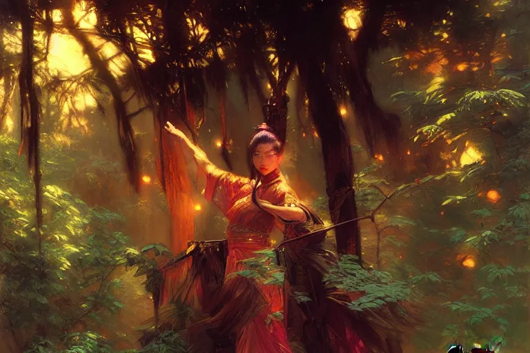 Prompt: wuxia, forest, neon light, painting by gaston bussiere, craig mullins, j. c. leyendecker