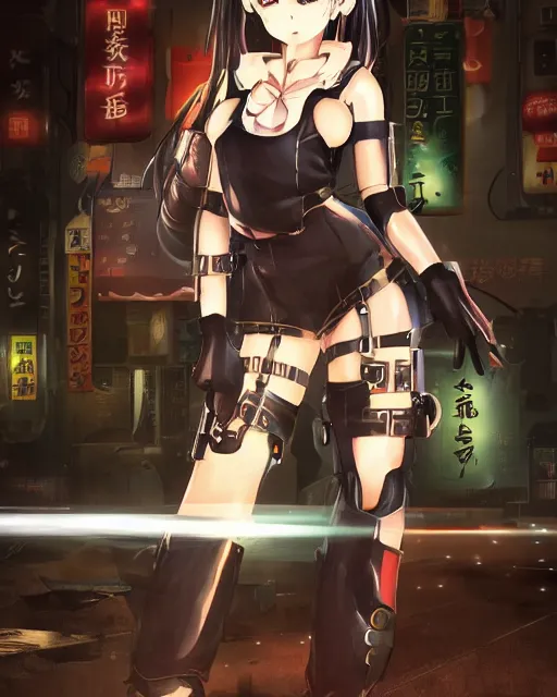 Image similar to full body image of anime girl in mechanic armor in night tokyo by makoto sinkai, fine details