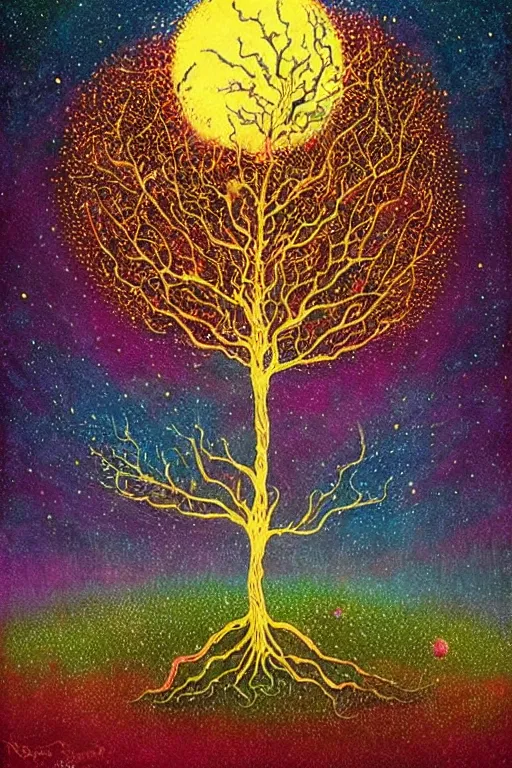 Image similar to surreal neil gaiman's sandman, Dream, magic realism, flowerpunk, mysterious, A tree fades into starry space, vivid colors, by andy kehoe, amanda clarke