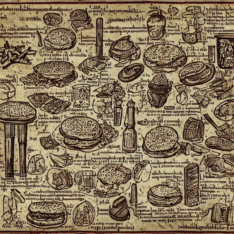 Prompt: middle age illustrated recipe for hamburger ( ( ( ( a bigmac hamburger ) ) ) ) lot of medieval enluminures in the background explaining the recipe, schematic in a notebook