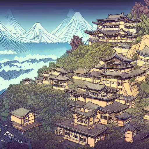 Prompt: a powerful japanese village high in mountains, concept artby moebius and laurie greasley, hdr fanart arstation 3 d, fantastic landscape, 8 k, cinematic color grading