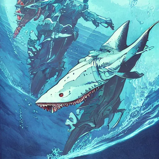 Image similar to aquatic gundam with a shark face, amphibious mobile suit by wayne barlowe, pascal blanche, victo ngai