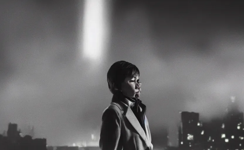 Image similar to a wide shot of a woman with a wool suit, very short hair, blurred face, wearing an omega speedmaster on her wrist in front of a crowded dystopian city full of people walking at night with fog and cyberpunk lights