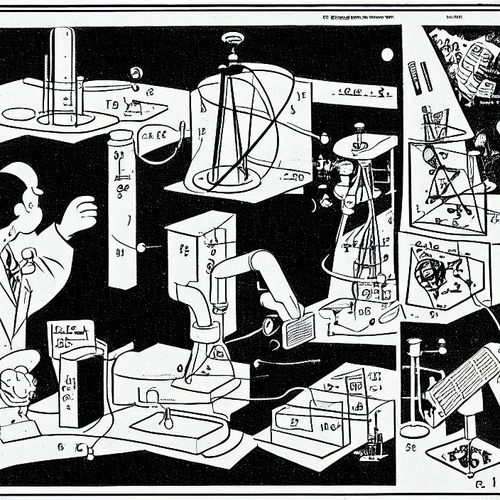 Image similar to a still frame from comic strip, scientific scheme of physics 1 9 5 0, herluf bidstrup, new yorker illustration, monochrome contrast bw, lineart, manga, tadanori yokoo, simplified,