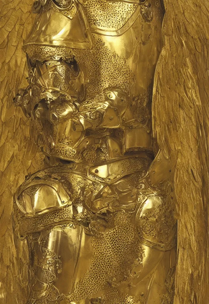 Image similar to holy knight wearing golden and white intricate armour, wings on the helm, fantasy