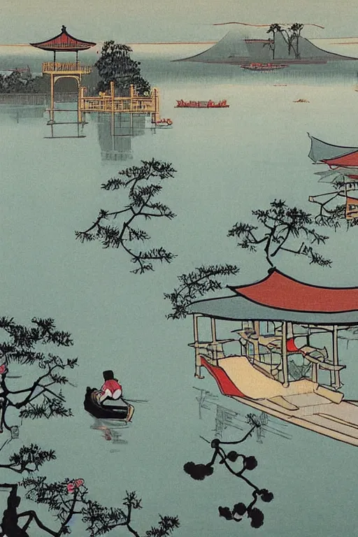 Image similar to A cartoon scenery of West Lake by Feng Zikai.